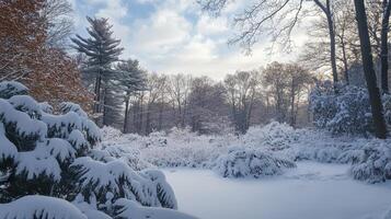 A serene winter landscape covered in snow, with trees and bushes in a peaceful setting photo