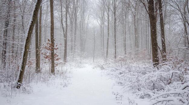 A serene winter landscape with snow-covered trees and a quiet path photo
