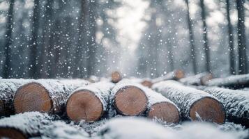A serene winter scene with logs covered in snow, surrounded by falling snowflakes in a forest photo