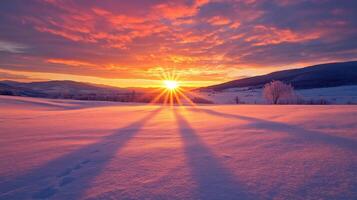 A stunning winter landscape at sunset, showcasing vibrant colors and long shadows photo
