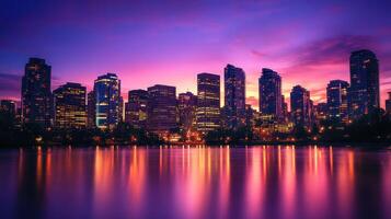 A vibrant city skyline at dusk, reflecting colors on still water photo