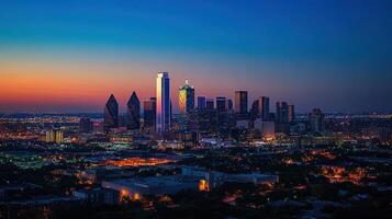 A vibrant city skyline at dusk, showcasing illuminated buildings against a colorful sky photo