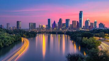 A vibrant city skyline at dusk reflecting on a river with colorful lights and a serene atmosphere photo