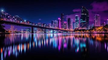 A vibrant city skyline at night, reflecting lights on the water photo