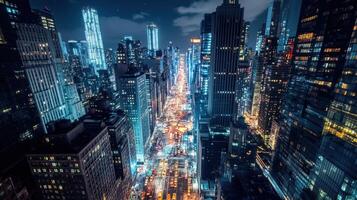 A vibrant cityscape at night, showcasing illuminated buildings and bustling streets photo