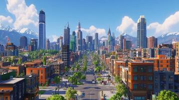 A vibrant cityscape featuring modern skyscrapers, greenery, and mountains in the background photo