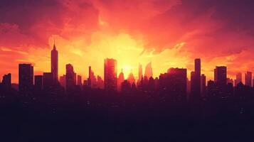 A vibrant sunset over a city skyline, showcasing silhouettes of skyscrapers against the sky photo
