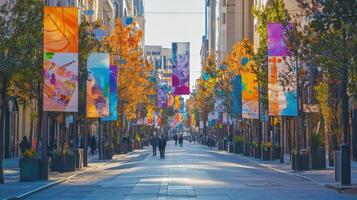 A vibrant urban street adorned with colorful banners and autumn trees, bustling with people photo
