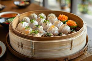 A bamboo steamer filled with assorted dumplings and garnishes, showcasing a variety of flavors photo