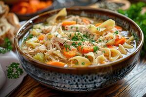 A bowl of chicken noodle soup with vegetables, garnished with herbs photo