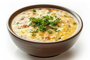 A bowl of creamy soup garnished with green herbs, showcasing a hearty meal photo