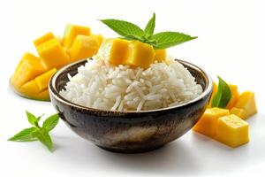 A bowl of fragrant rice topped with mango and mint leaves, showcasing a fresh dessert photo