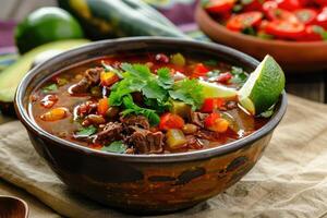 A bowl of hearty beef and vegetable soup garnished with cilantro and lime photo