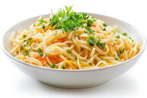 A bowl of pasta garnished with herbs and vegetables, showcasing a delicious meal photo