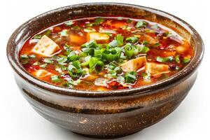 A bowl of spicy tofu soup garnished with green onions and herbs photo