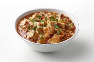 A bowl of tofu in a spicy sauce, garnished with herbs photo