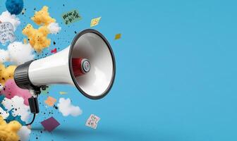 Megaphone with colorful notes and clouds, announcement concept. photo