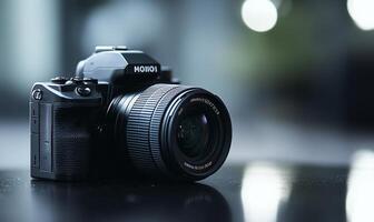 Professional DSLR camera with lens on dark surface. photo