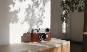 Vintage camera on wooden surface with sunlight shadows. photo