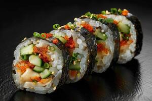 A close-up of sushi rolls garnished with vegetables and fish roe on a dark surface photo