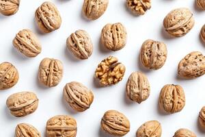 A collection of walnuts arranged on a white background, showcasing their unique textures photo