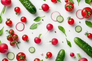 A colorful arrangement of fresh vegetables, including tomatoes, cucumbers, and radishes photo