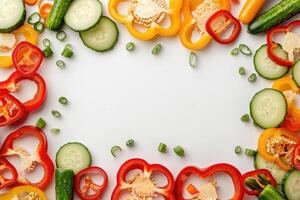 A colorful arrangement of sliced vegetables creating a frame around a blank space photo