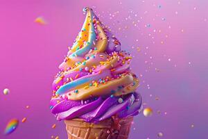 A colorful ice cream cone topped with swirls of purple and yellow, adorned with sprinkles photo