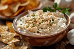 A creamy dip garnished with herbs, served with chips and crackers for snacking photo