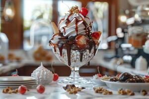 A decadent ice cream sundae topped with chocolate, cherries, and nuts in a cozy setting photo