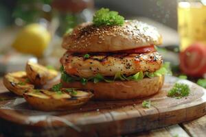 A delicious burger with grilled chicken, lettuce, and tomato, served with grilled potatoes photo