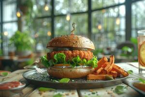 A delicious burger with crispy chicken, lettuce, and sweet potato fries on a rustic table photo
