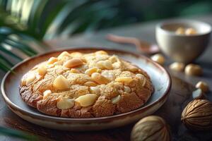 A delicious cookie topped with macadamia nuts on a rustic plate photo
