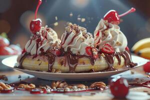 A delicious dessert featuring bananas, whipped cream, chocolate sauce, and cherries photo