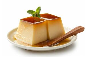 A delicious dessert of flan topped with caramel sauce and a mint leaf, served on a plate photo