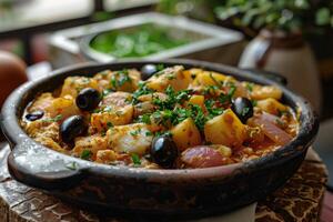 A delicious dish featuring potatoes, olives, and herbs in a rustic serving bowl. photo