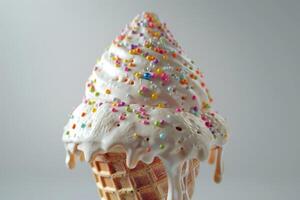 A delicious ice cream cone topped with colorful sprinkles and melting cream photo
