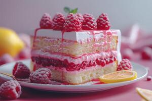 A delicious layered cake topped with raspberries and lemon slices, perfect for dessert. photo