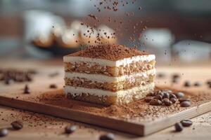 A delicious layered dessert topped with cocoa powder and coffee beans photo