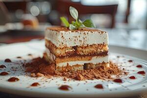 A delicious layered dessert with cream, chocolate, and cocoa, elegantly presented on a plate photo