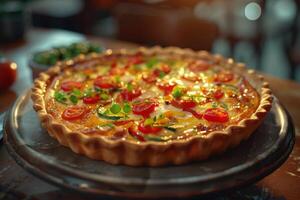 A delicious pizza topped with tomatoes, peppers, and herbs on a wooden table photo