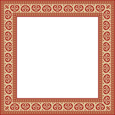 square gold with red ancient Russian ornament. Slavic rectangle, border, frame. Painting of royal chambers