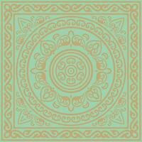 square gold with green ancient Russian ornament. Slavic rectangle, border, frame. Painting of royal chambers. vector