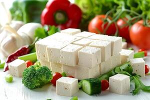 A fresh arrangement of tofu and vegetables, highlighting healthy food options photo