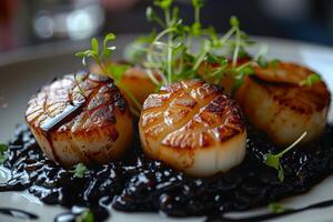 A gourmet dish featuring seared scallops on a dark sauce with microgreens garnish photo