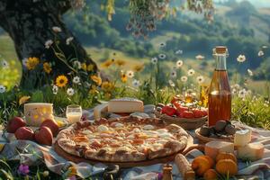 A picnic setting featuring pizza, cheese, fruits, and drinks in a scenic outdoor landscape photo
