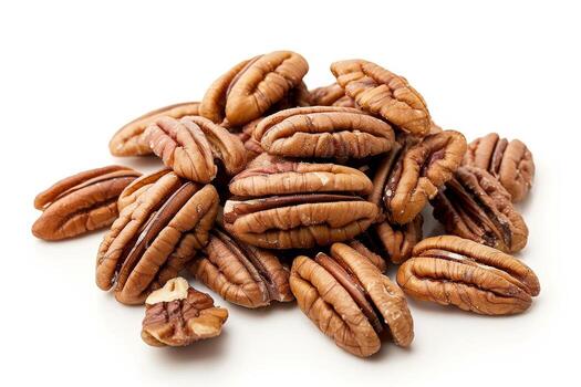 A pile of pecan nuts on a white background, showcasing their texture and shape photo