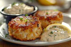 A plate of crab cakes served with sauces and lemon wedges photo