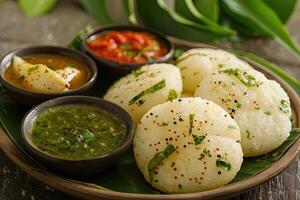 A plate of idli served with various chutneys and sauces photo