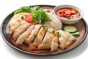 A plate of sliced chicken served with rice, fresh vegetables, and dipping sauce photo